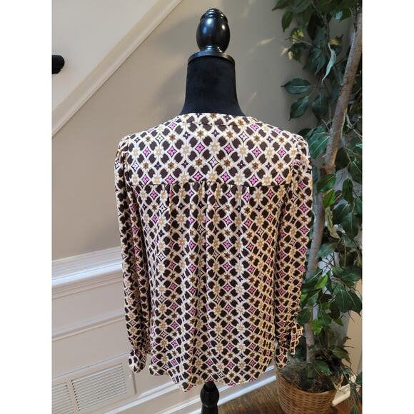 Loft Blouse Women's Size XS Multicolor Geometric Print Long Sleeve Keyhole Top - Picture 8 of 11